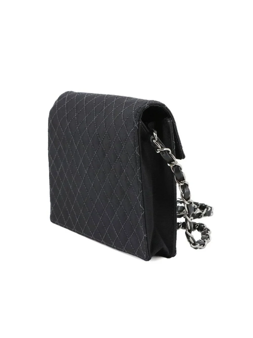 Chanel Quilted Emblem Chain Shoulder Bag Canvas Leather Black Silver